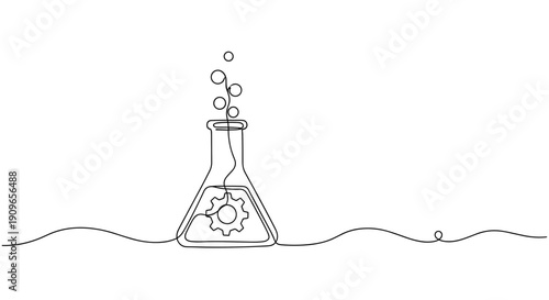 Line art of a chemistry flask with bubbles and gear symbol. no editable stroke