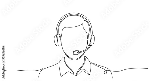 Minimalist line drawing of person with headset in professional setting. no editable stroke