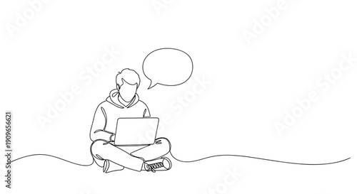 Young caucasian male with laptop and speech bubble outline art. no editable stroke