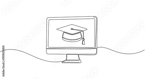 Online graduation concept: simplistic line art of a computer and graduation cap. no editable stroke