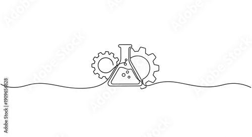 Continuous line drawing of science flask and gears symbolizing innovation and technology. no editable stroke