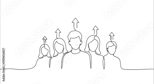 Line drawing of diverse group with arrows indicating growth and progress. no editable stroke