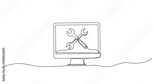 Minimalistic continuous line drawing of a computer with repair tools displayed on screen. no editable stroke