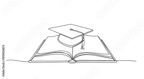 Line art of graduation cap on open book symbolizing education and success. no editable stroke