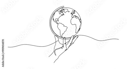Continuous line drawing of hand holding globe representing global connection. no editable stroke
