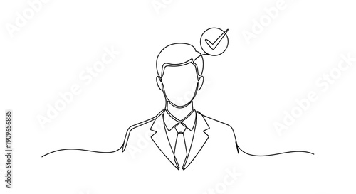 Sketch of male figure in suit with checkmark icon above, outline style. no editable stroke