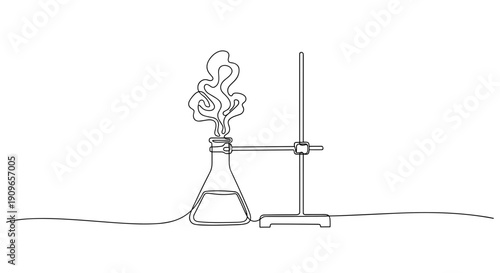 Line drawing of chemistry experiment with flame and laboratory equipment. no editable stroke