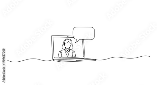 Sketch of female on laptop screen engaged in video call with speech bubble. no editable stroke