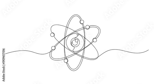Minimalist atomic structure illustration with electrons and nucleus lines. no editable stroke