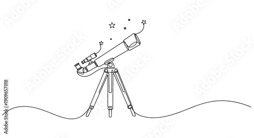 Minimalist telescope illustration with stars and curved horizon. no editable stroke