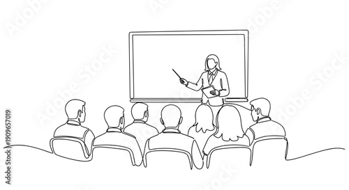 Outline of female caucasian adult instructor teaching a diverse adult class in lecture hall. no editable stroke