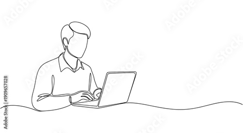 Line art of a caucasian male using a laptop. no editable stroke