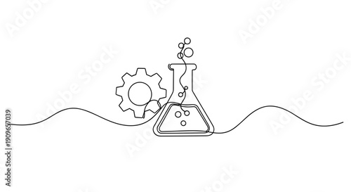 Continuous line drawing of laboratory flask with gear symbolizing science and technology. no editable stroke