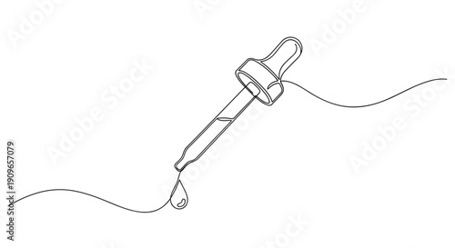 Minimalist continuous line drawing of dropper and liquid drop. no editable stroke
