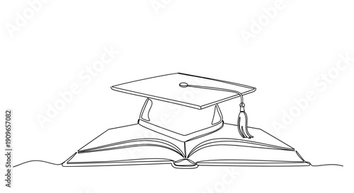 Graduation cap on open book: symbol of academic achievement and learning. no editable stroke