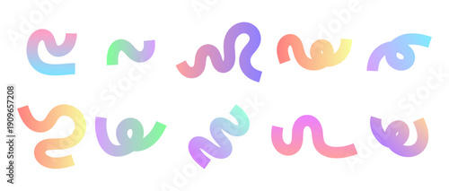 Colorful abstract wavy line set liquid squiggles and wavy gradient lines, modern fluid shapes for trendy minimalist designs.