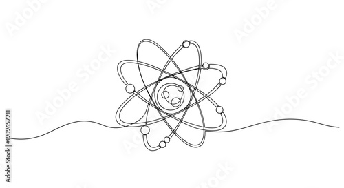 Simple line art of atomic structure with electron orbits and central nucleus. no editable stroke