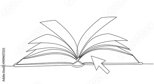 Continuous line art of open book with arrow symbolizing learning and navigation. no editable stroke