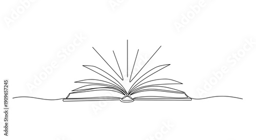 Minimalist line drawing of an open book with radiating lines. no editable stroke