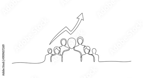 Continuous line drawing of diverse group with rising arrow highlighting growth and success. no editable stroke