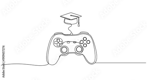 Game controller with academic cap line art symbolizing education and gaming. no editable stroke
