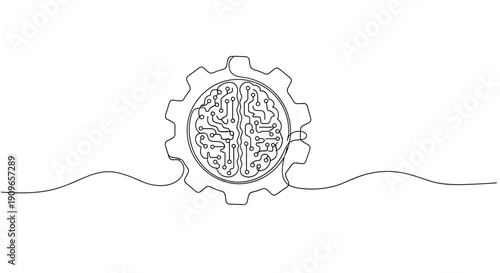 Minimalist gear and circuit brain symbolizing ai and technology integration. no editable stroke