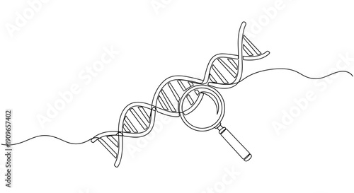 Line art of dna strand with magnifying glass highlighting genetic research. no editable stroke
