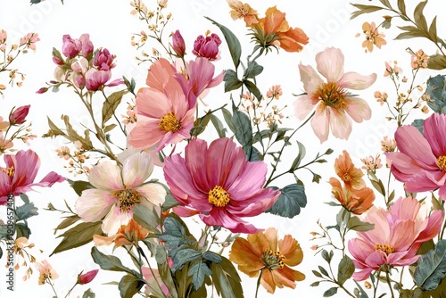 Elegant, gorgeous, vintage seamless repeatable pattern featuring full blossom botanical wild florals bouquet