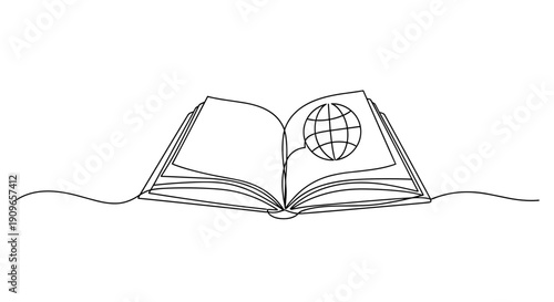 Continuous one-line drawing of open book with globe on page. no editable stroke