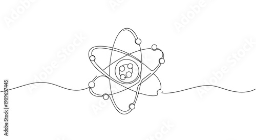 Continuous line drawing of atomic structure with orbiting electrons. no editable stroke