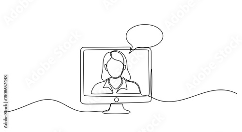 Continuous line drawing of female on video call with speech bubble. no editable stroke