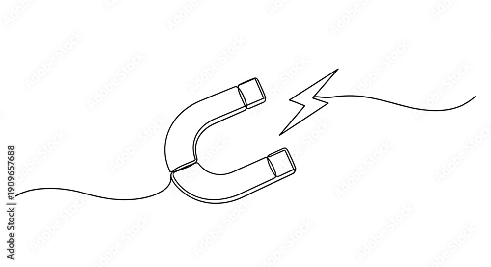 Fototapeta premium Line art illustration of a horseshoe magnet with lightning bolt on white background. no editable stroke
