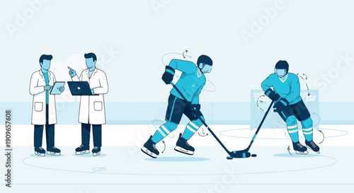Sports scientists and coaches analyze ice hockey player performance and game strategy using data analytics and technology for optimal training and development.