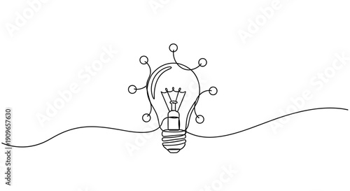 Minimalist continuous line drawing of light bulb with circuit design. no editable stroke