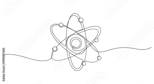 Continuous line drawing of atomic structure with orbiting electrons. no editable stroke