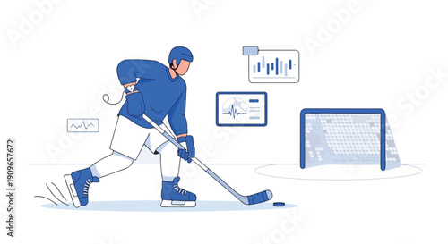 Dynamic Ice Hockey Player Illustration with Performance Metrics and Data Visualizations. Modern Sports Analytics and Training Technology Concept.