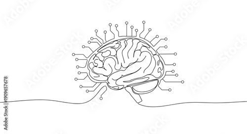 Artificial intelligence brain circuit node concept in minimalist line art style. no editable stroke