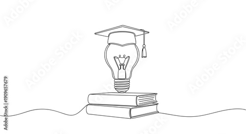 Light bulb with graduation cap on books symbolizing education and innovation. no editable stroke
