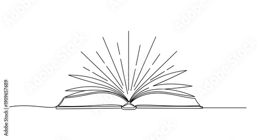 Minimalistic continuous line drawing of an open book with radiating light. no editable stroke