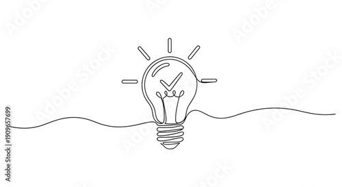 Continuous line drawing of light bulb with check mark symbolizing innovation and approval. no editable stroke