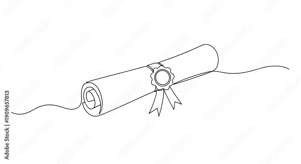 Obraz premium Black and white line drawing of rolled diploma with ribbon seal. no editable stroke