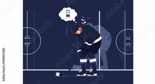 Exhausted ice hockey player on the rink, with a thought bubble showing a smartphone, illustrating digital distraction or the need for a break.