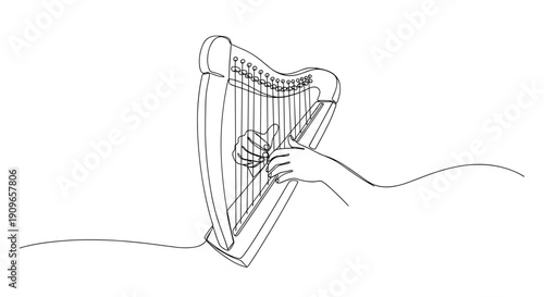 Continuous line drawing of hands playing a harp. no editable stroke