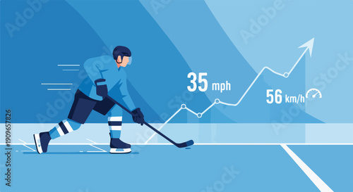 Dynamic ice hockey player in action, skating rapidly with a stick, demonstrating speed and performance growth illustrated by a rising graph and speed metrics.