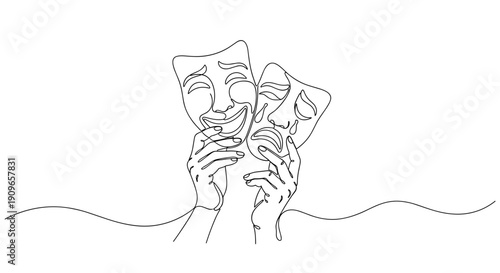 Minimalist line art of classic comedy and tragedy theater masks. no editable stroke