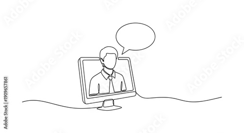 Line art of virtual communication with caucasian male on screen and speech bubble. no editable stroke