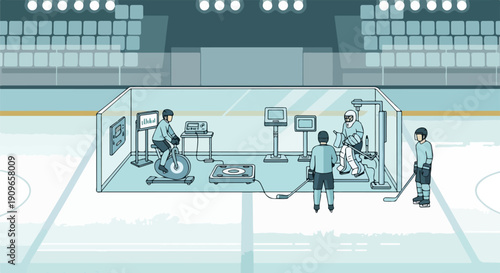 Hockey players in a transparent gym on an ice rink, training and rehabilitation