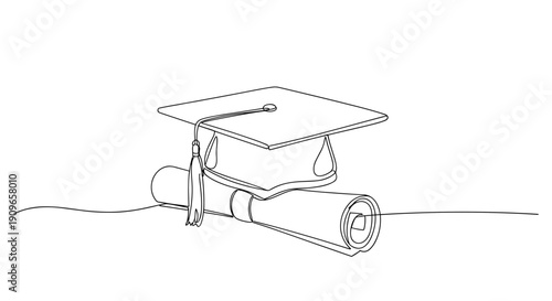 Minimalist graduation cap and diploma drawing on white background. no editable stroke