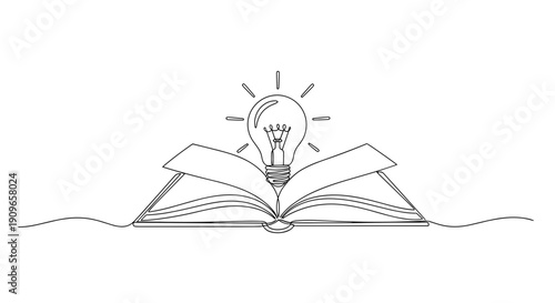 Open book with glowing lightbulb symbolizing knowledge and ideas. no editable stroke