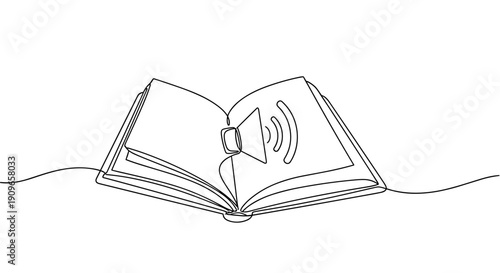 Simple line art of open book with audio icon. no editable stroke